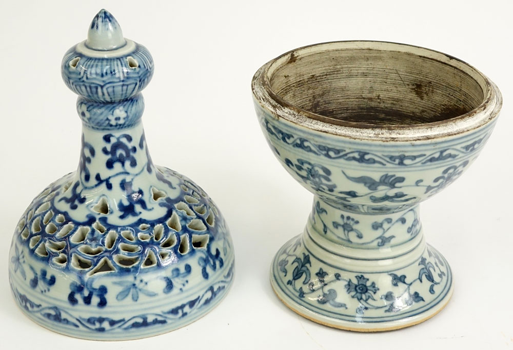 Vintage Chinese Blue and White Porcelain Pedestal Censer.
