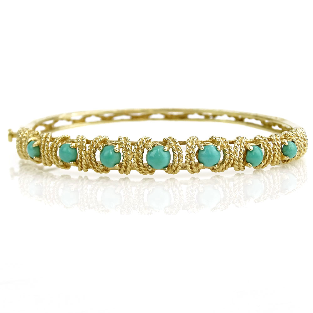 AIG Certified Vintage 14 Karat Yellow Gold and 1.73 Carat Turquoise Bangle Bracelet