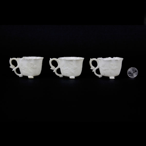 Set of Three (3) Antique Chinese Carved White Jade Tea Cups.