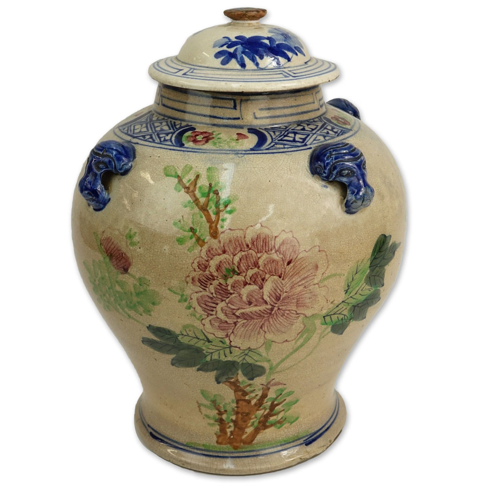Large Chinese Glazed and Decorated Chinese Covered Jar. Figural handles, flower and Phoenix Bird Motif