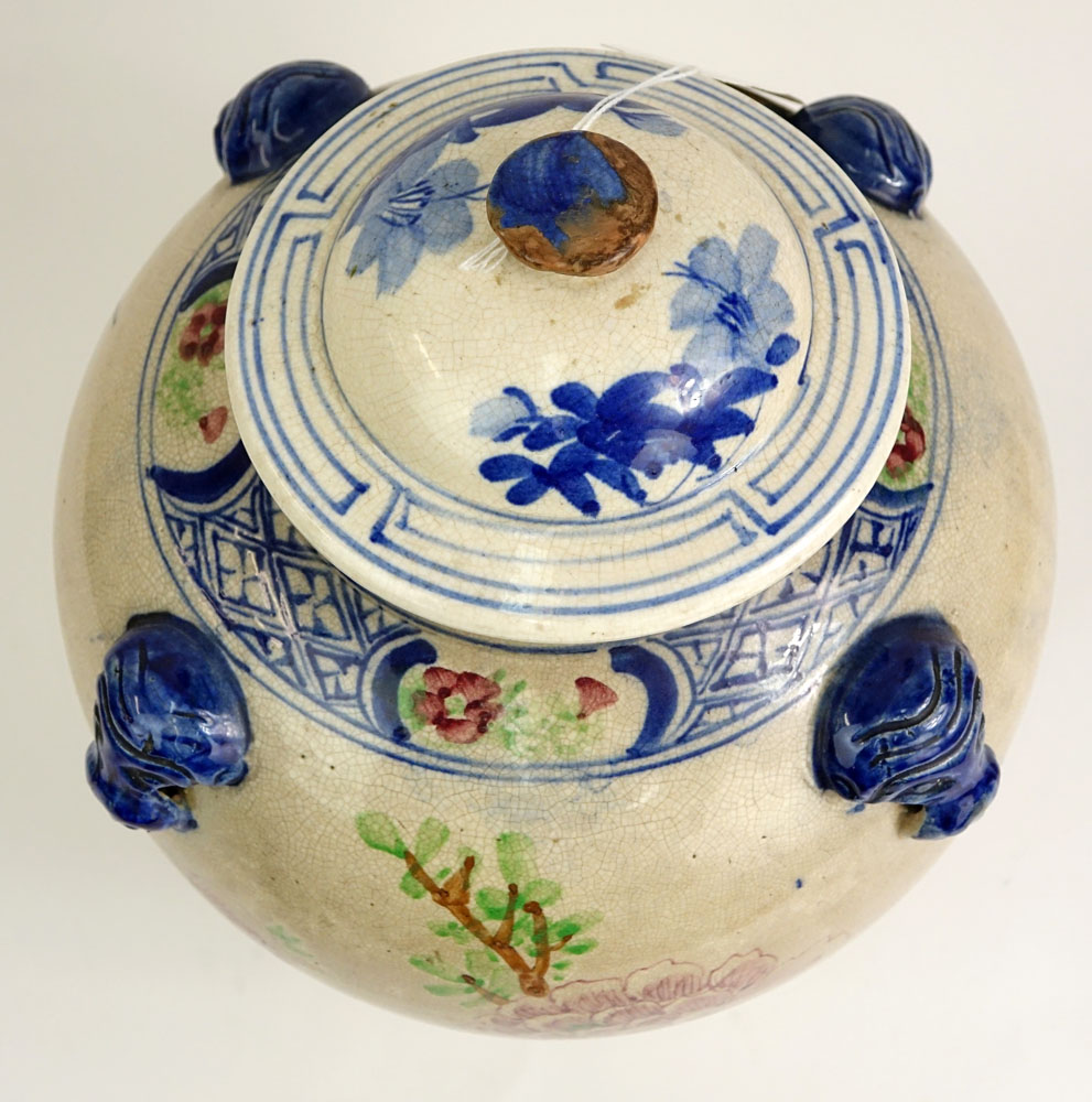 Large Chinese Glazed and Decorated Chinese Covered Jar. Figural handles, flower and Phoenix Bird Motif