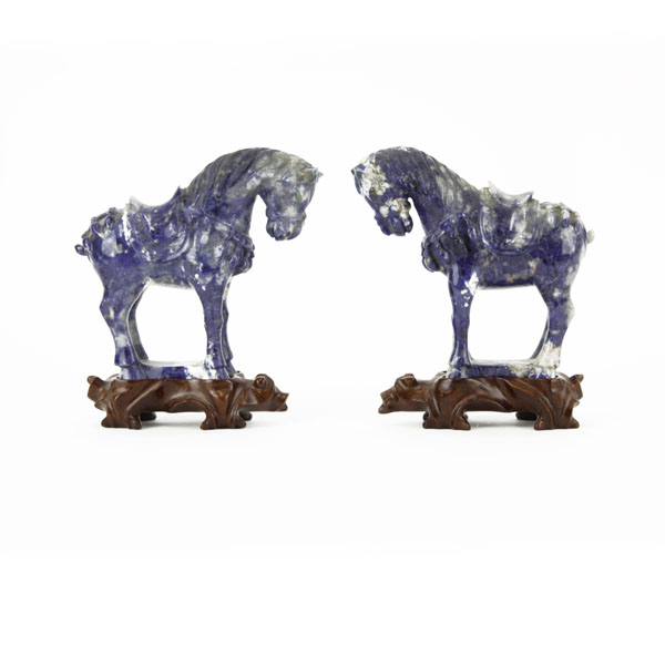 Pair of Vintage Chinese Carved Lapis Lazuli Tang Style Horse Figurines on Hardwood Stands, In Box