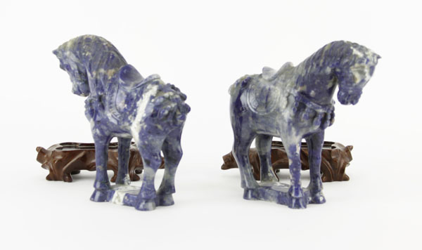 Pair of Vintage Chinese Carved Lapis Lazuli Tang Style Horse Figurines on Hardwood Stands, In Box