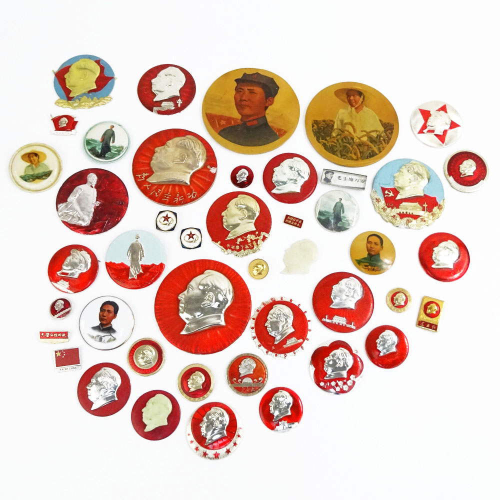 Collection of 44 Pieces Chinese Cultural Revolution Memorabilia. Includes various Chairman Mao buttons, pins and badges