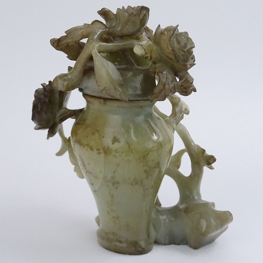 20th Century Chinese Carved Jade Covered Vase with Flowers.