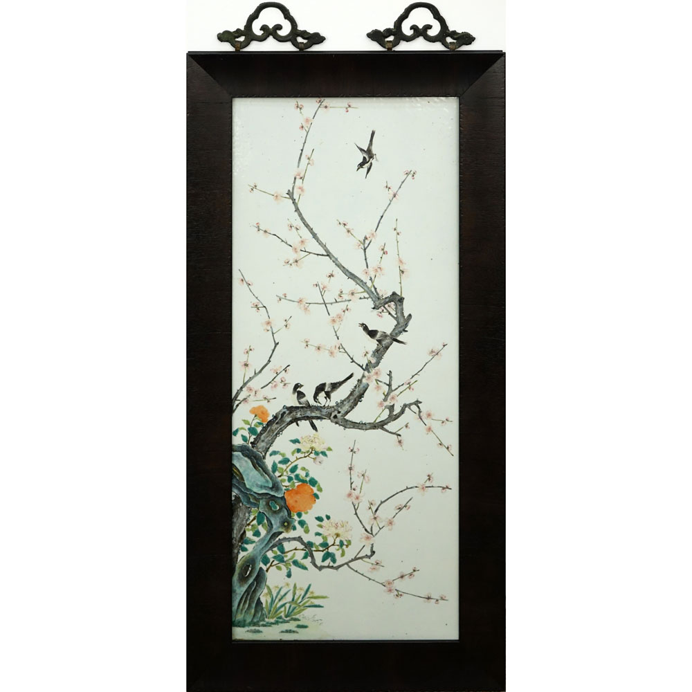 19th Century Chinese Painted Porcelain Panel. Decorated with birds on blossoming branches