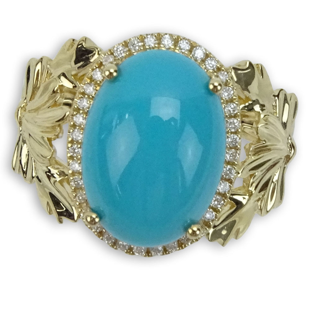 Approx. 4.40 Carat Turquoise and 14 Karat Yellow Gold Ring accented with Small Round Cut Diamonds