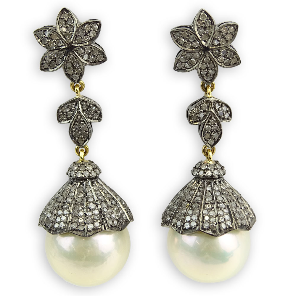 AIG Certified South Sea Pearl, 2.71 Carat Single Cut Diamond and 14 Karat Yellow Gold Dangle Earrings