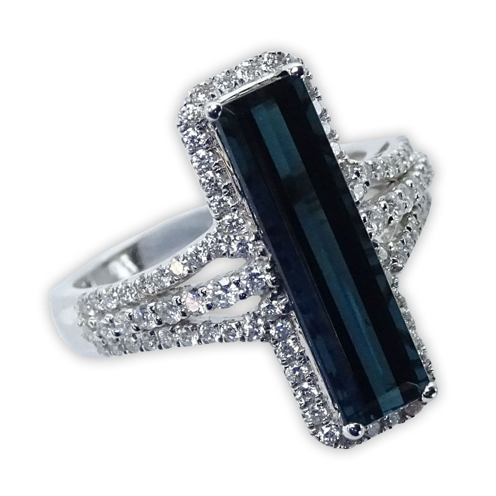 3.51 Carat Indigo Tourmaline, .67 Carat Round Cut Diamond and 14 Karat White Gold Ring