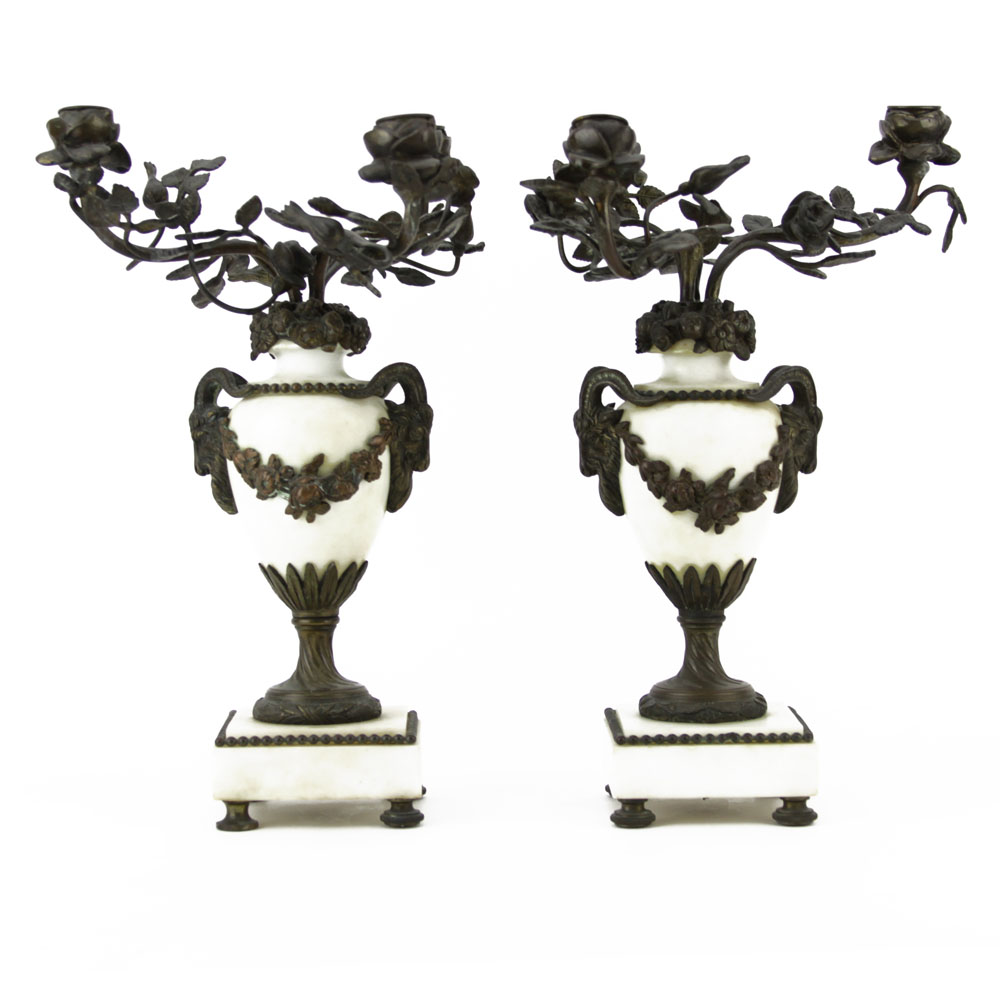 Pair of 19/20th Century Bronze Mounted Marble Urn Shaped Candelabra. Figural and floral mounts