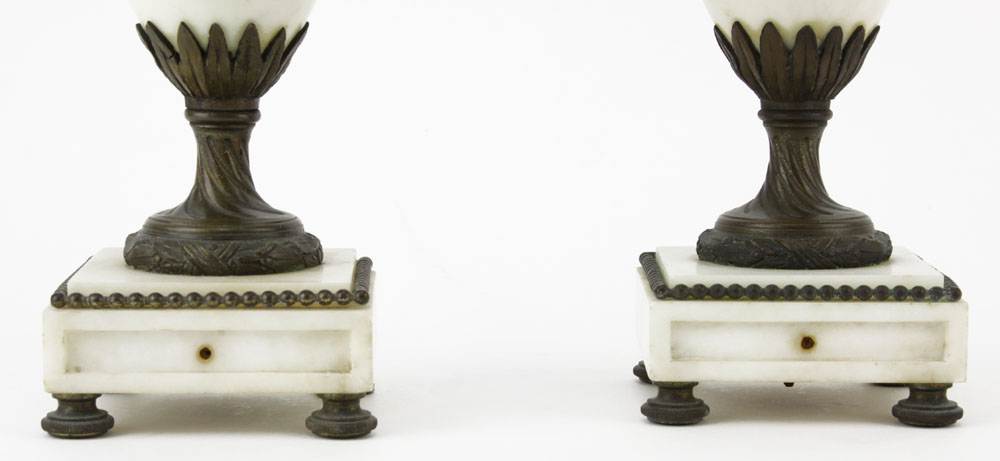 Pair of 19/20th Century Bronze Mounted Marble Urn Shaped Candelabra. Figural and floral mounts