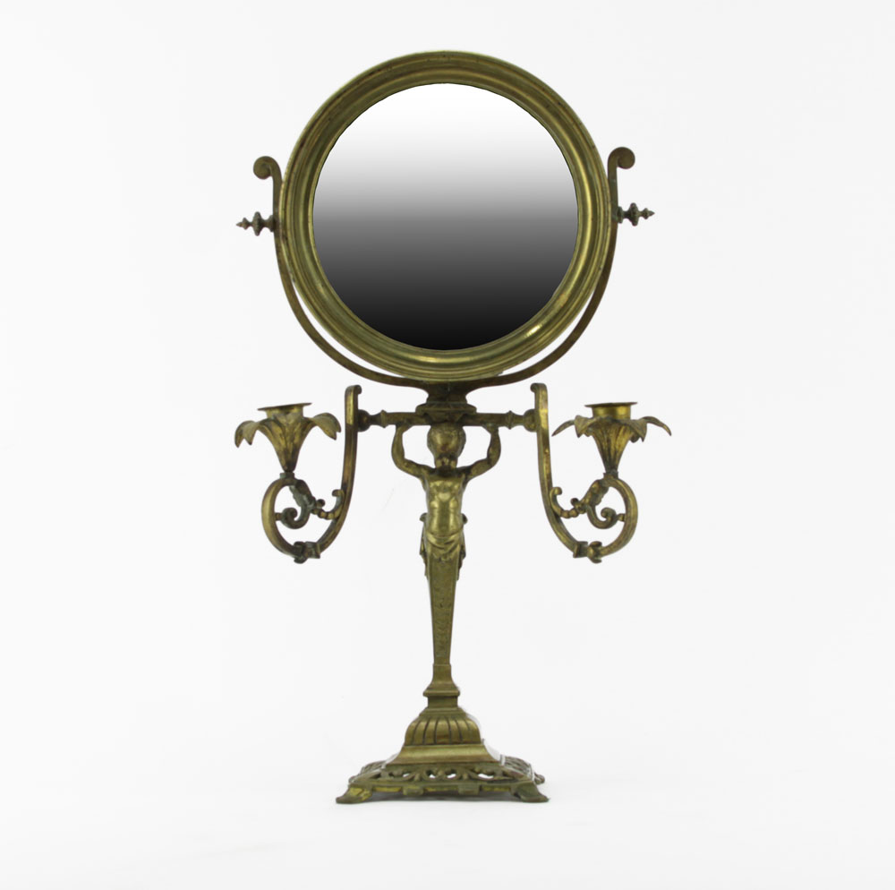 Antique Bronze Figural Standing Mirror With Candle Mounts.