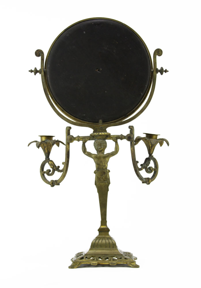 Antique Bronze Figural Standing Mirror With Candle Mounts.