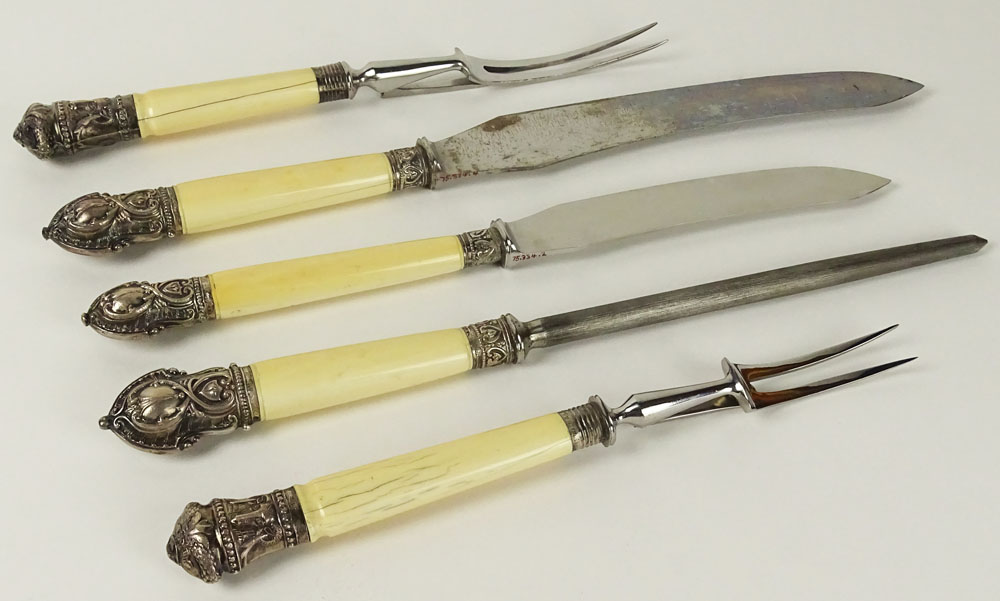 19th Century Sheffield, England Harrison Bros. & Howson Sterling Silver Mounted Ivory Handled Five (5) Piece Carving Set in Fitted Box