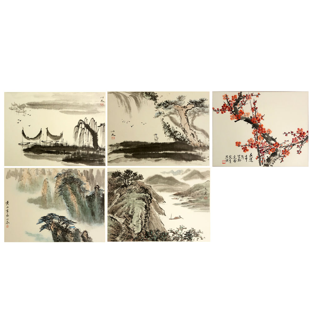 Lot of 5 Mid Century Chinese Watercolors on Paper with Fabric Borders