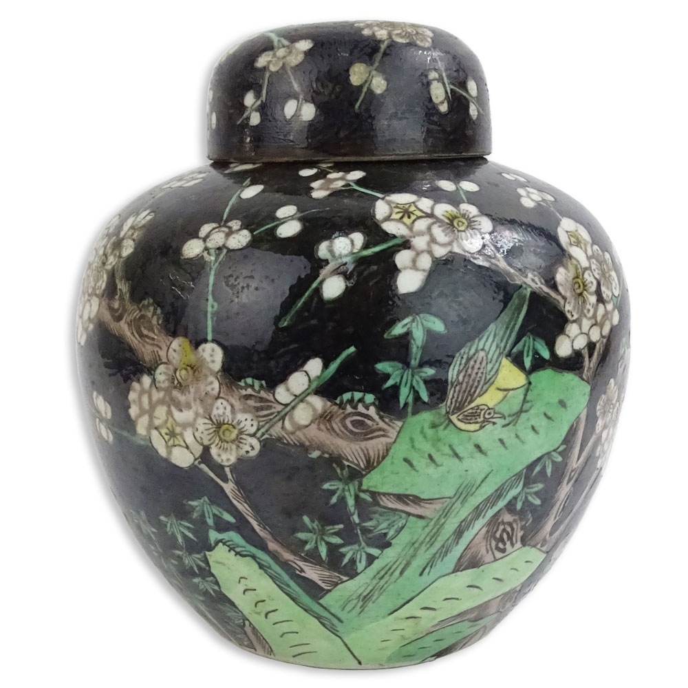 Vintage Chinese Famille Noir Porcelain Ginger Jar