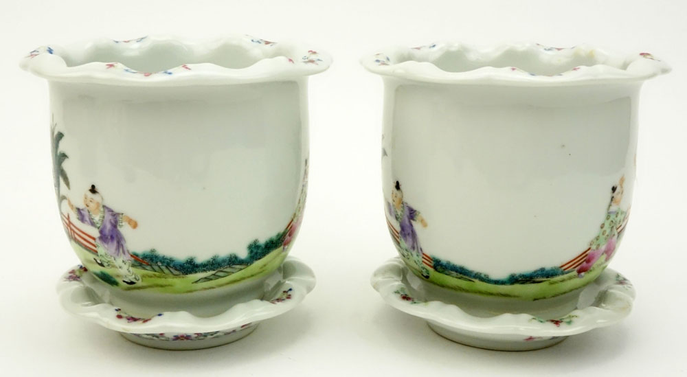 Pair of Mid Century Chinese Hand Painted Porcelain Cache Pots With Underplates