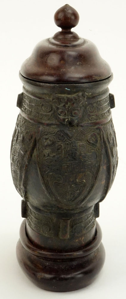 Archaic Chinese Bronze Vessel with Later Lid and Stand