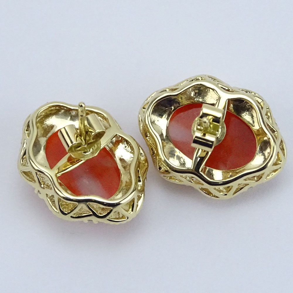 6.73 Carat Red Coral and 14 Karat Yellow Gold Earrings