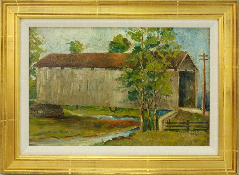 Cora Miller Williams, American (20th Century) Oil on board. "Covered Bridge"