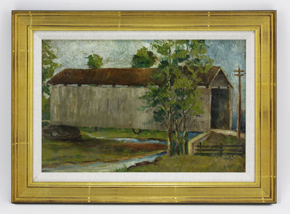 Cora Miller Williams, American (20th Century) Oil on board. "Covered Bridge"