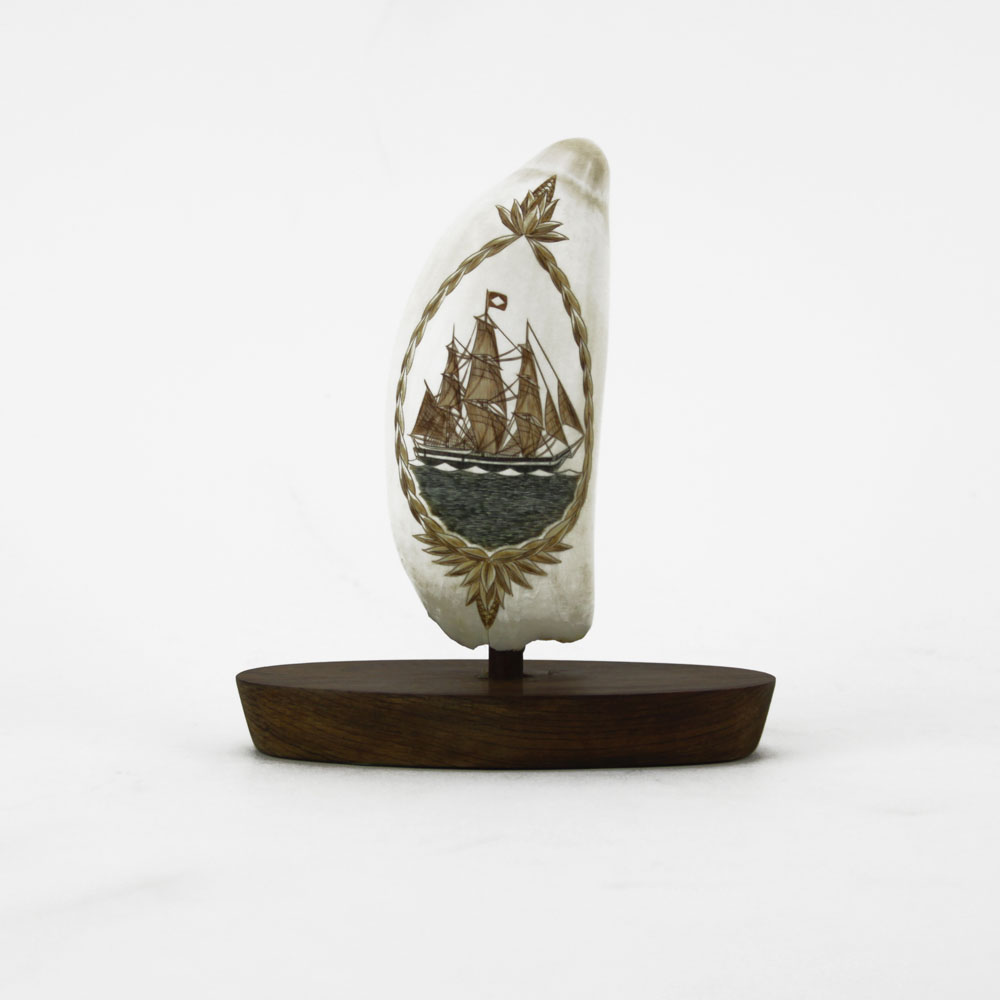 Robert Spring Whales Tooth Scrimshaw Depicting a Masted Sailing Ship