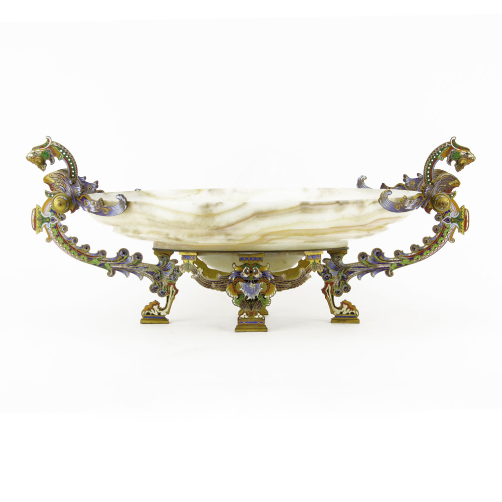 Vintage French Onyx and Champleve Centerpiece Bowl.