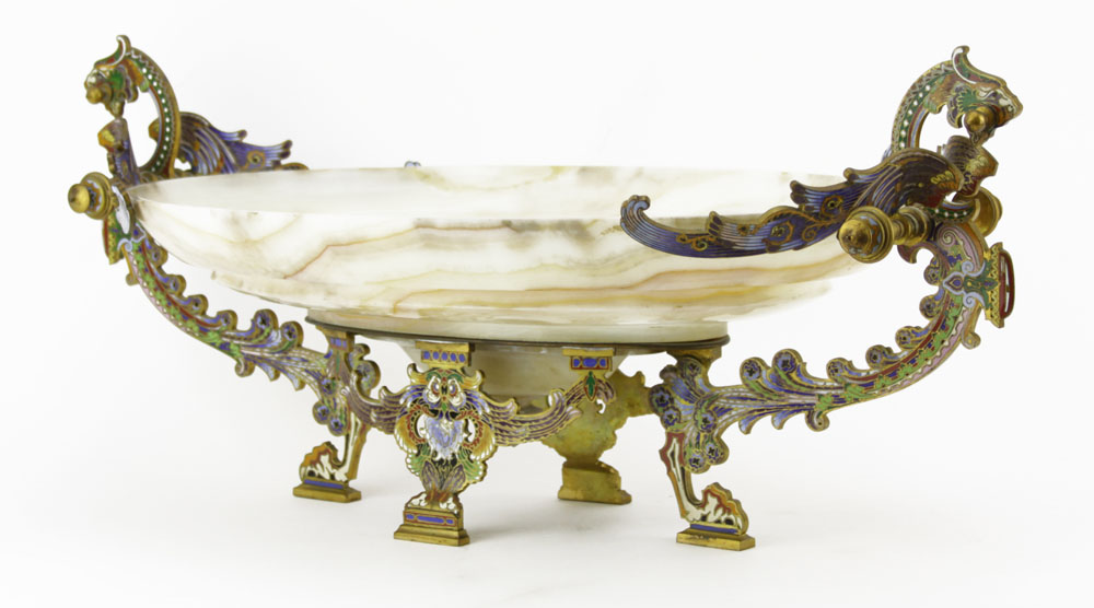 Vintage French Onyx and Champleve Centerpiece Bowl.