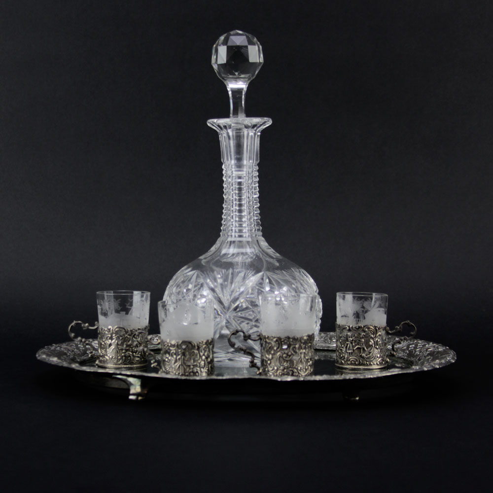 Antique Cut Crystal Decanter on Silver Plate and Glass Tray With 4 Small Glasses