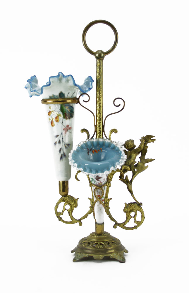 Victorian Enameled Cased Glass and Bronze Epergne