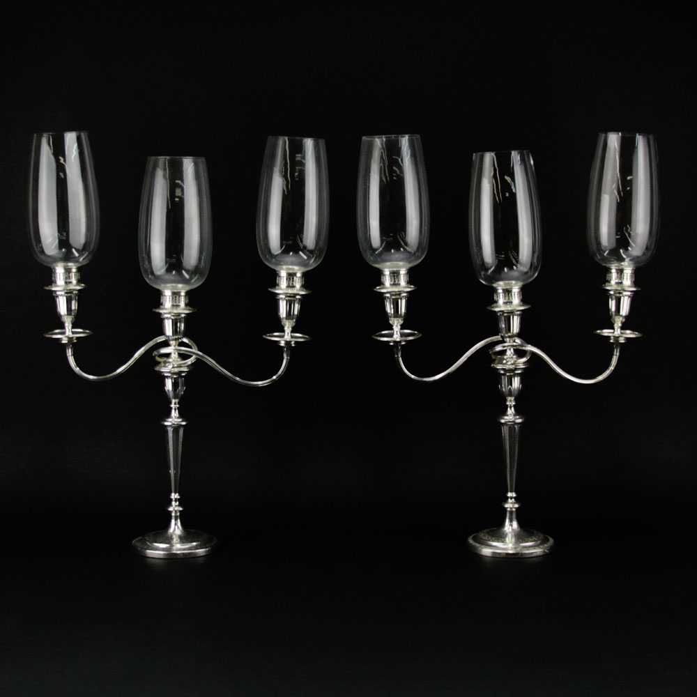 Pair Sheffield Silver Three (3) Light Candelabra With Shades.