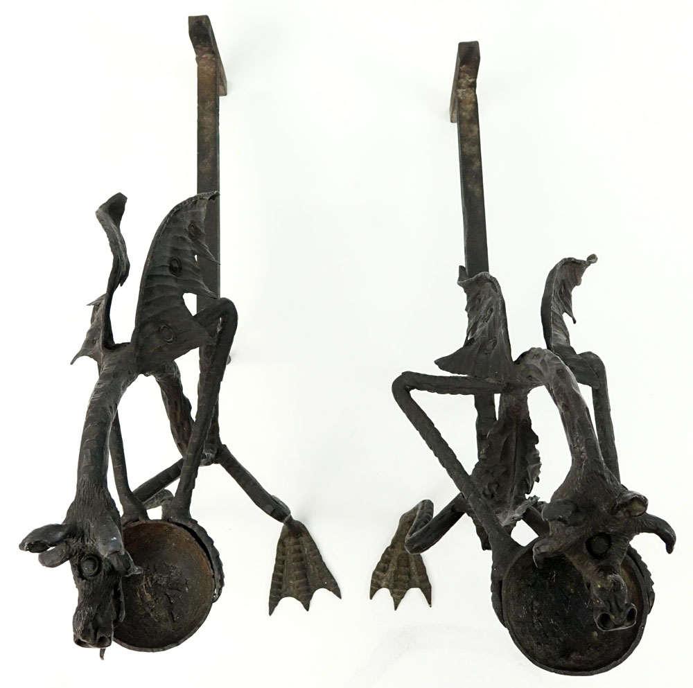 Pair Early 20th Century Hand Wrought Iron Dragon Chimera Andirons