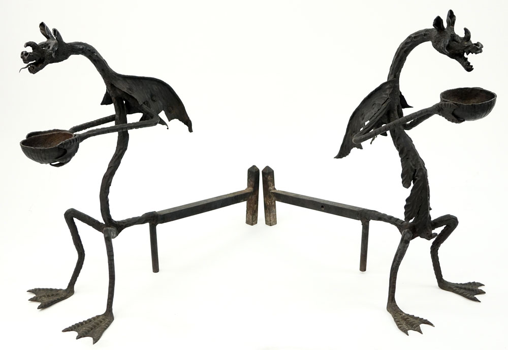 Pair Early 20th Century Hand Wrought Iron Dragon Chimera Andirons