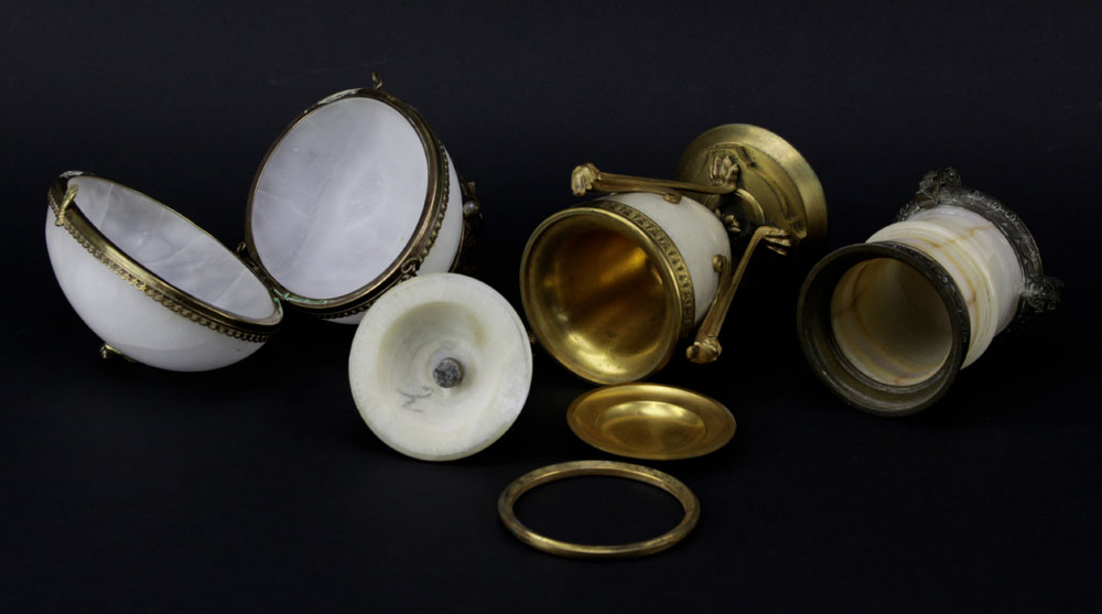 Three Piece Antique Onyx and Bronze Vase, Covered Jar and Egg Shaped Box