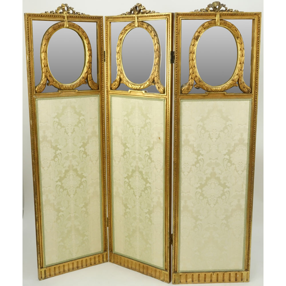 Early 20th Century French Giltwood Upholstered And Mirrored Three (3) Panel Screen