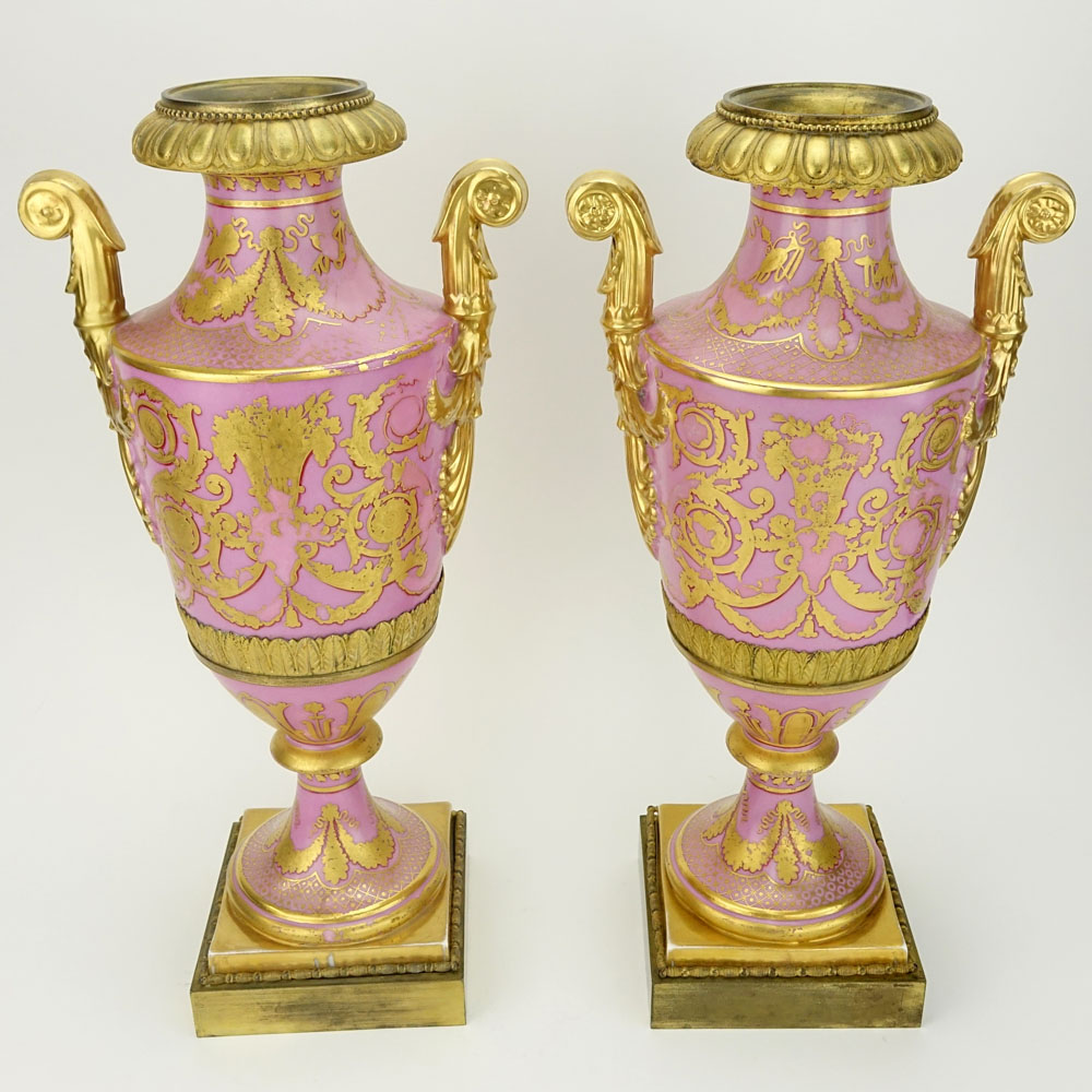Pair 19/20th Century Serves Porcelain Bronze Mounted and Gilt Decorated Urns