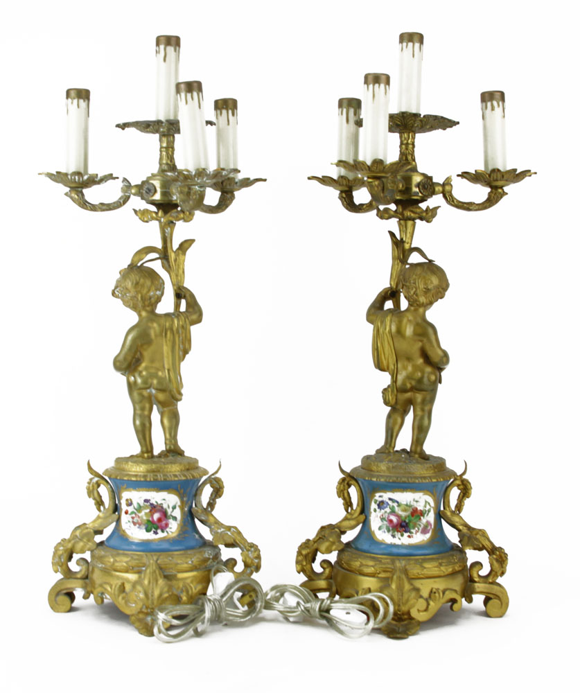 Pair Antique Sevres Style Gilt Bronze and Porcelain Figural Candelabra