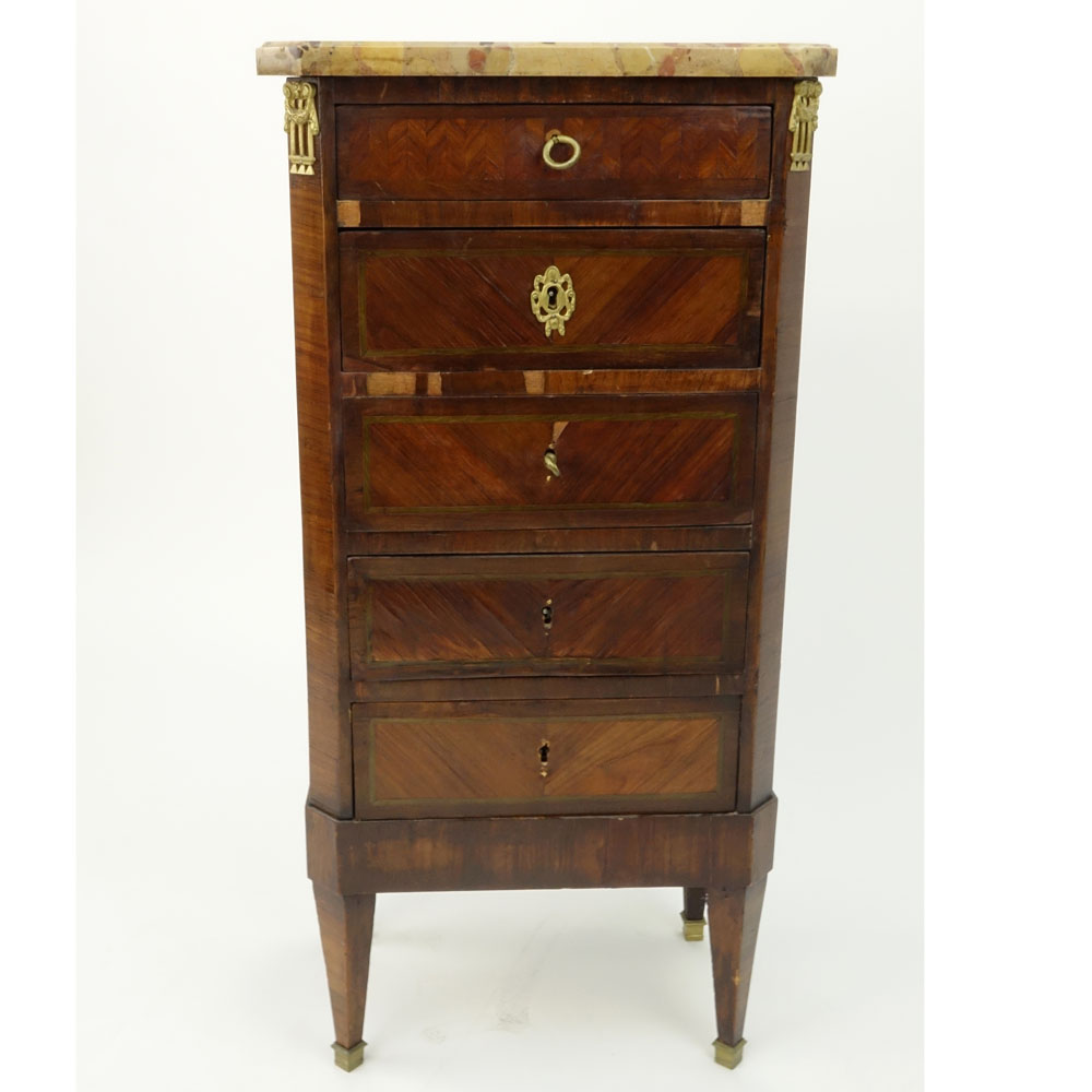 Small French 19th Century Inlaid Chest of Drawers with Breche d'Alep Marble Top and Bronze Mounts