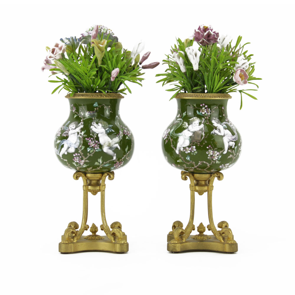 Pair Of Antique Enameled Porcelain Bulbous Vases on Gilt Bronze Bases