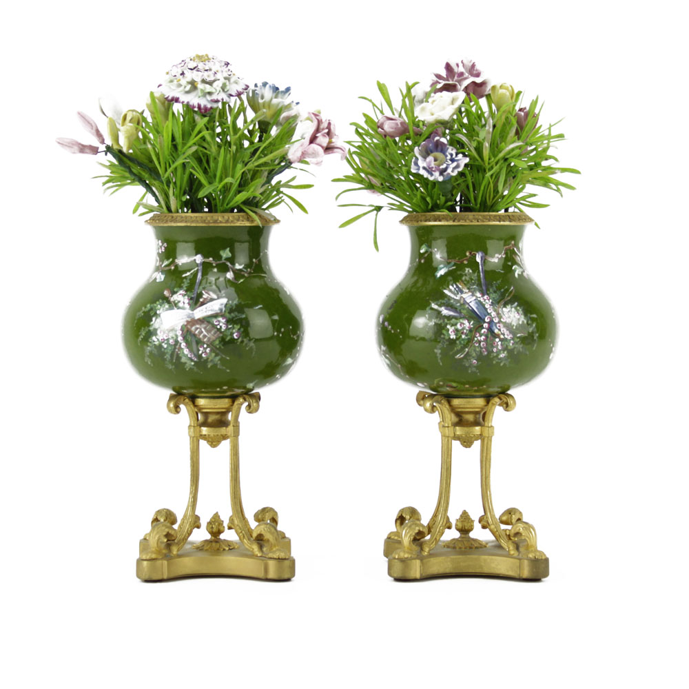 Pair Of Antique Enameled Porcelain Bulbous Vases on Gilt Bronze Bases