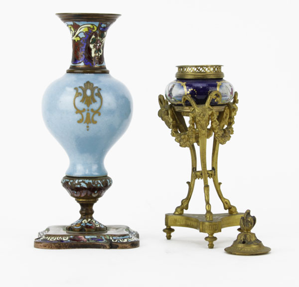 Pair of Antique Sevres Style Porcelain and Bronze Miniature Vases.