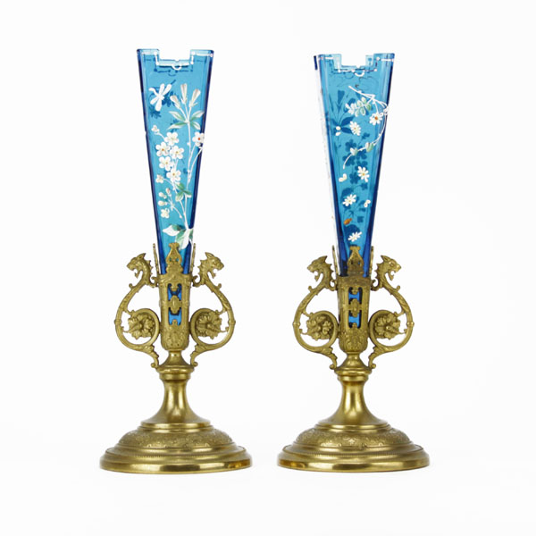 Pair Moser Enameled Glass Vases in Bronze Mounts