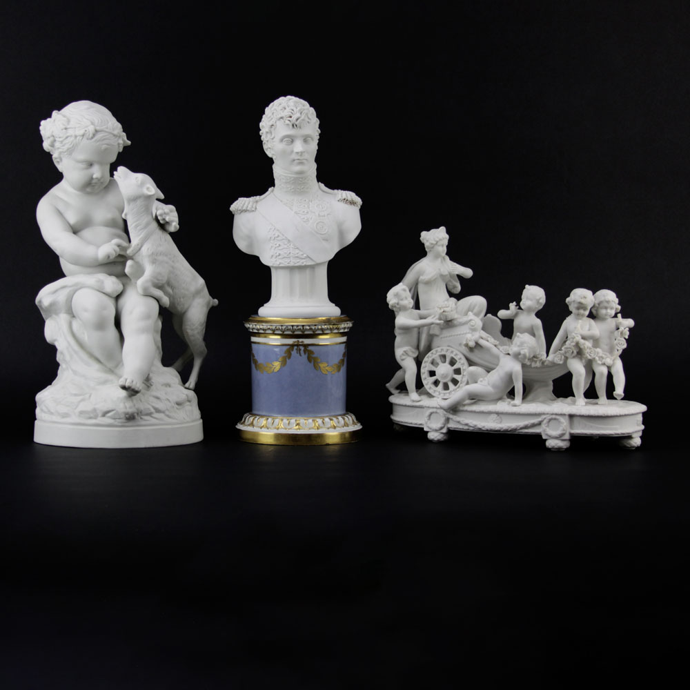 Three Antique Bisque Parian Figures. After Clodion, French (1738-1814): Bisque figurine "Bacchus Child" 