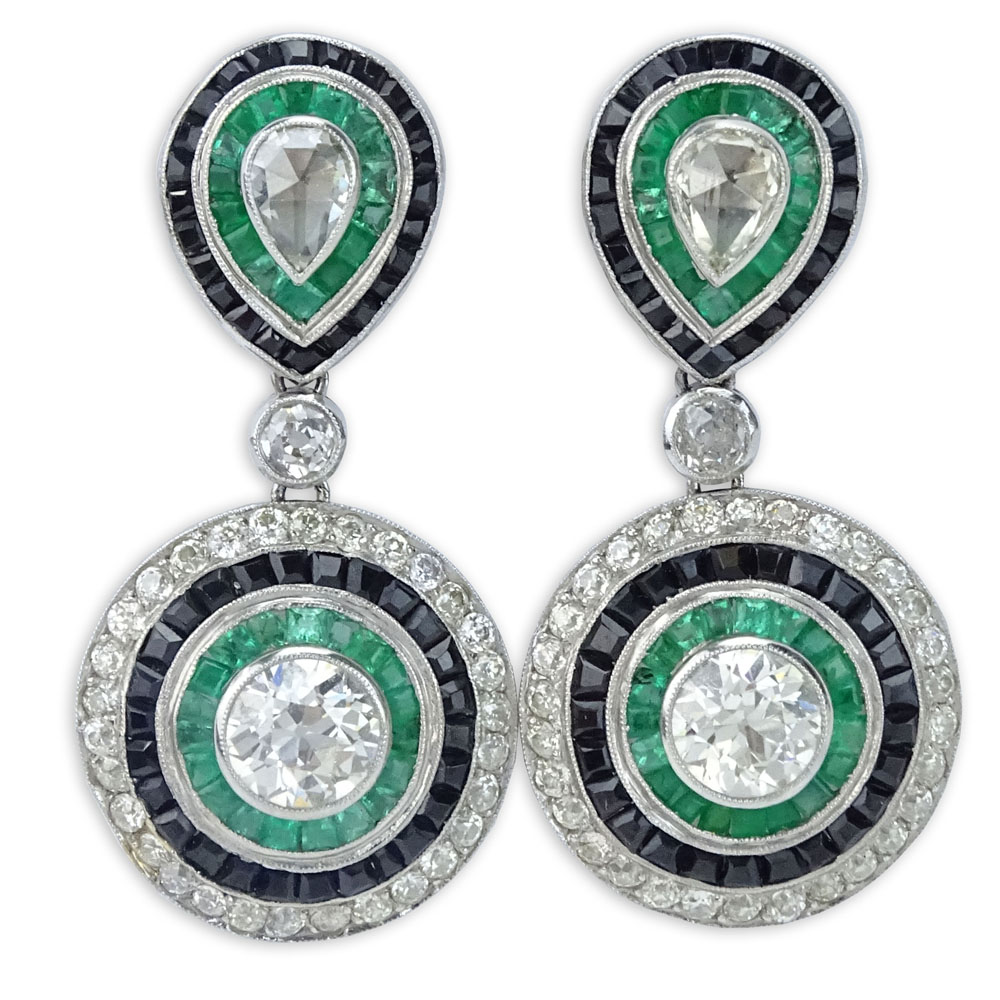 Pair of Art Deco Design Approx. 4.40 Carat Rose Cut and Old European Cut Diamond, Emerald and Platinum Pendant Earrings