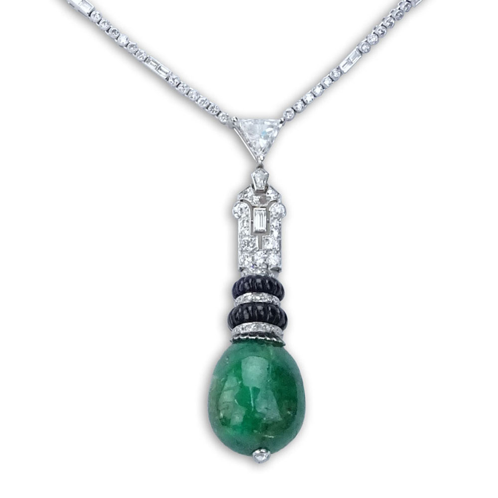 Fine Quality Art Deco Design Approx. 50.0 Carat Tear Drop Cabochon Emerald, 11.0 Carat Diamond and Platinum Pendant Necklace