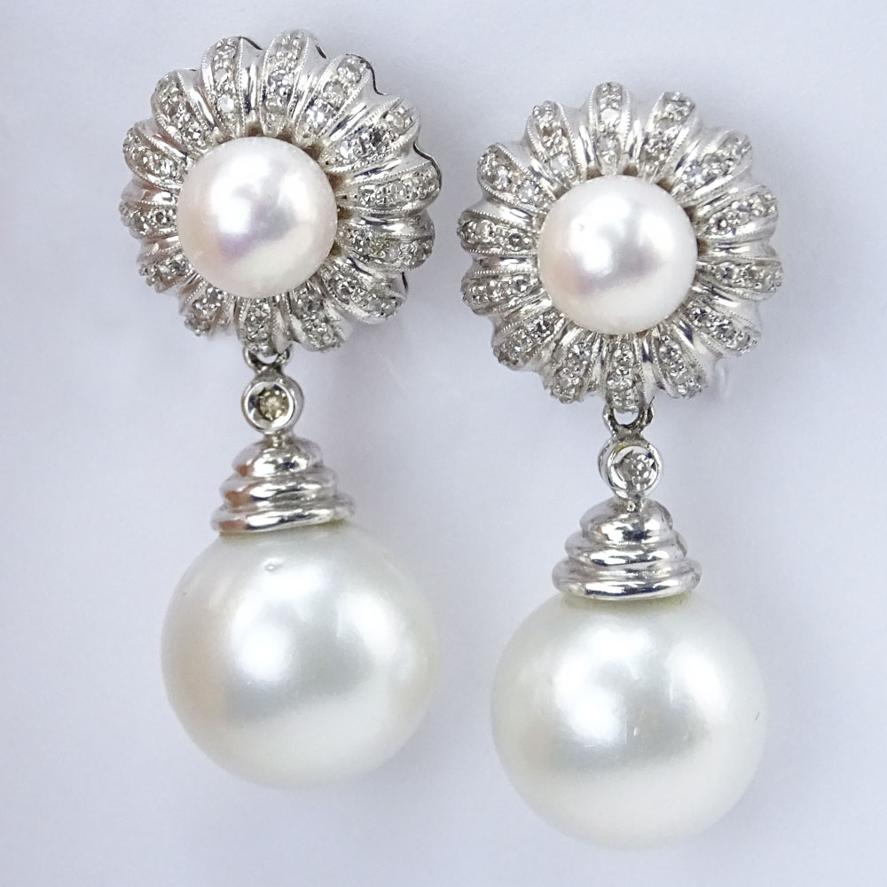 Pair of Lady's Vintage South Sea Pearl, Diamond and 18 Karat White Gold Pendant Earrings