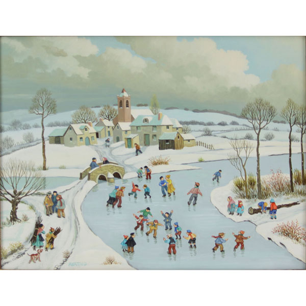 Jean Axatard, French (1931) Oil on canvas "Ice Skaters"