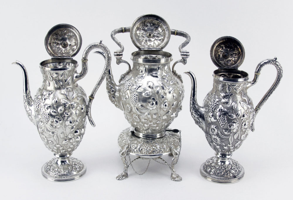 Five (5) Piece Loring Andrews Company Sterling Silver Repousse Tea & Coffee Set.