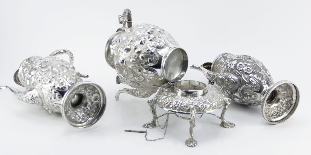 Five (5) Piece Loring Andrews Company Sterling Silver Repousse Tea & Coffee Set.