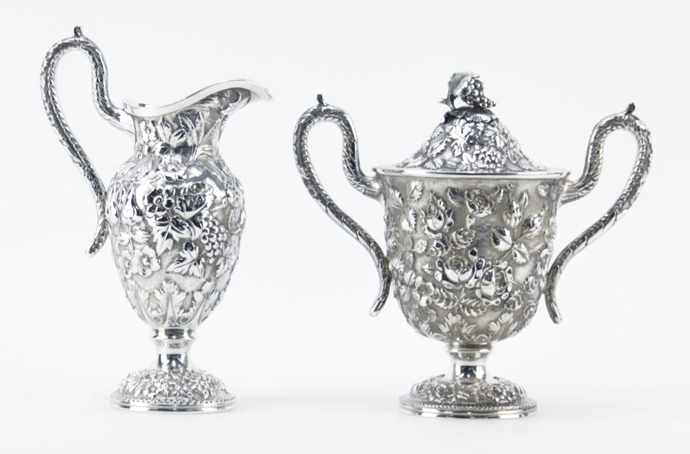 Five (5) Piece Loring Andrews Company Sterling Silver Repousse Tea & Coffee Set.